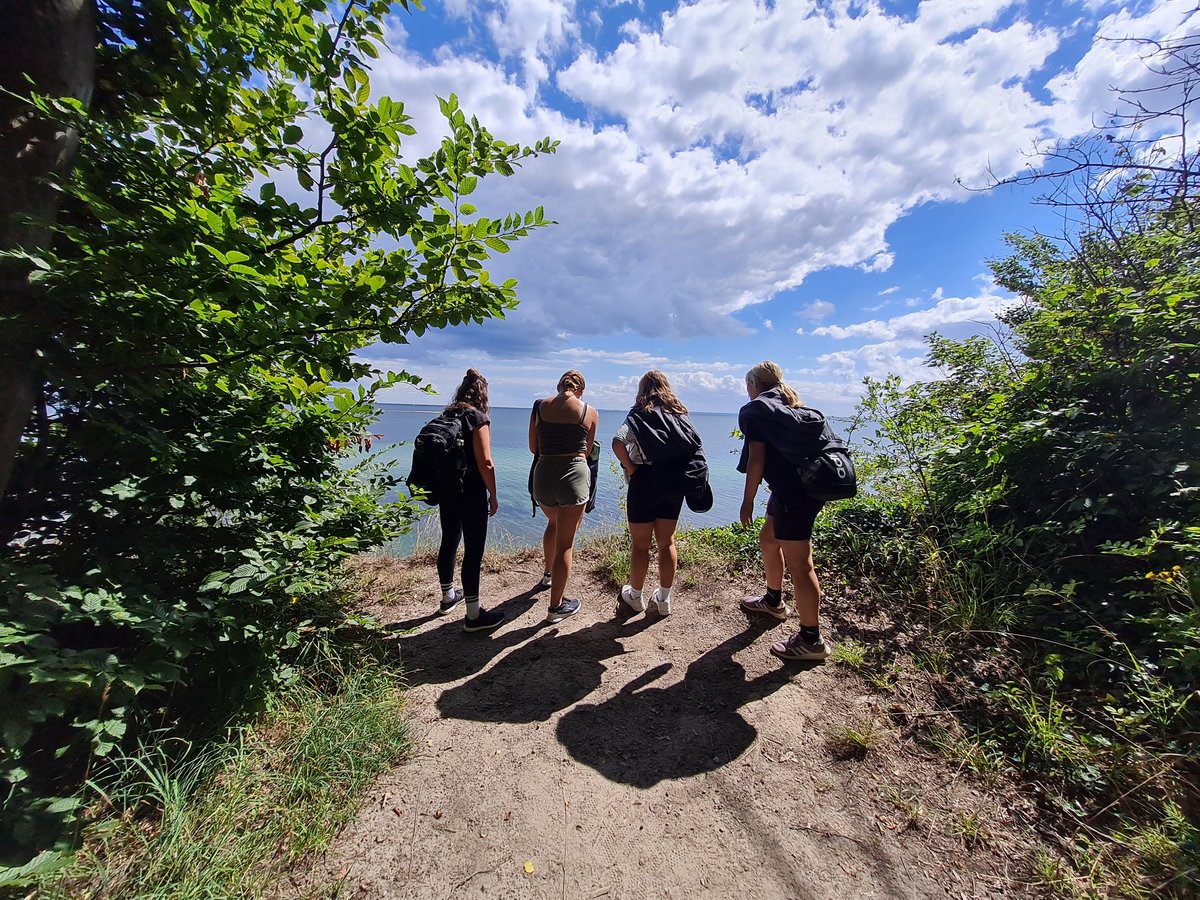 Vier Jugendliche mit Rucksäcken auf Weg vor blauem Himmel