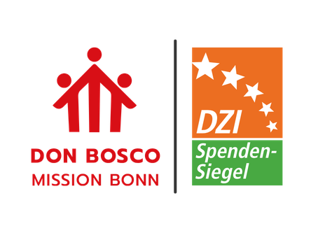 Logo Don Bosco Mission Bonn mit drei roten Figuren neben dem DZI Spenden-Siegel mit Sternen.