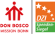 Logo Don Bosco Mission Bonn mit drei roten Figuren neben dem DZI Spenden-Siegel mit Sternen.