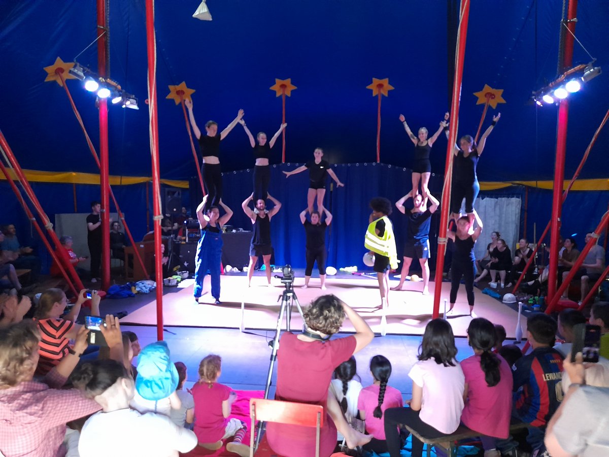 Zirkusdarbietung in einem blauen Zelt: Akrobaten bilden Pyramiden, während das Publikum zuschaut.