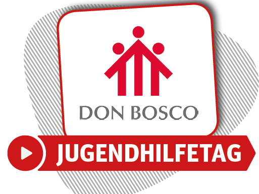 Don Bosco Jugendhilfetag Logo mit drei stilisierten roten Figuren und einem Play-Button.