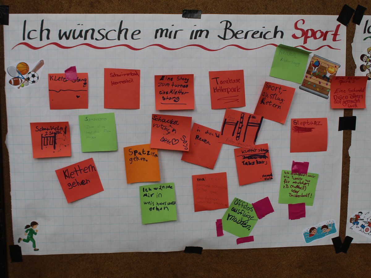 Pinnwand mit Wünschen für Sportaktivitäten auf bunten Notizzetteln unter dem Titel 'Ich wünsche mir im Bereich Sport'.