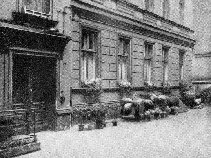 Historische Gebäudefassade Schwarz-Weiß-Foto einer eleganten, mehrstöckigen Gebäudefassade mit Eingang, Zierfenstern und Topfpflanzen.
