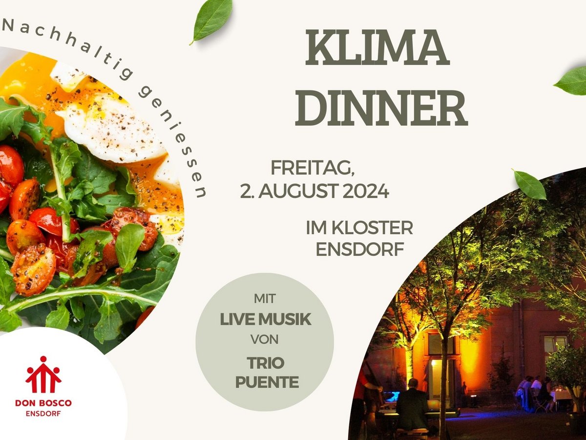 Klima Dinner im Kloster Ensdorf am 2. August 2024 mit nachhaltiger Küche und Live Musik von Trio Puente.