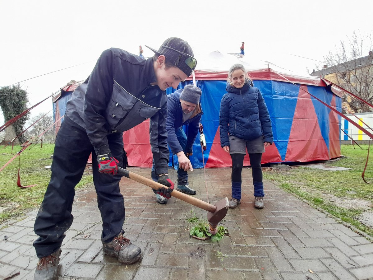 Drei Personen, eine davon entfernt mit einem Vorschlaghammer Unkraut von einem Pflasterweg nahe einem rot-blauen Zirkuszelt.