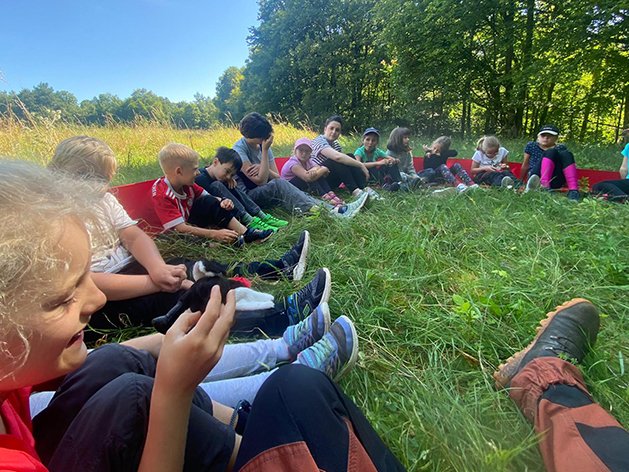 Eine Gruppe Kinder und Erwachsene sitzt auf einer sonnigen Wiese am Waldrand und genießt eine Outdoor-Aktivität.