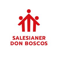 Das Logo der Salesianer Don Boscos, mit drei stilisierten roten Figuren, die Gemeinschaft und Unterstützung darstellen.