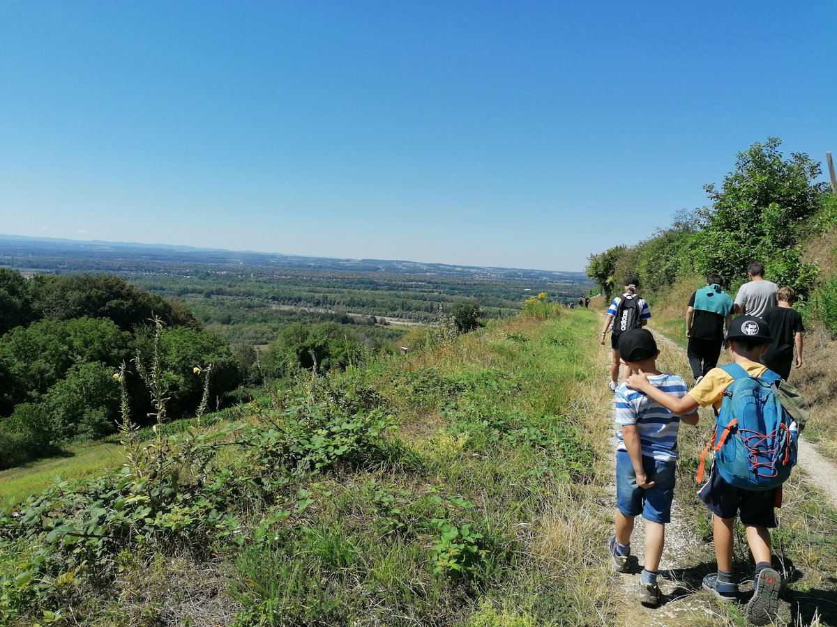 Gruppe von Wanderern, darunter Kinder und Erwachsene, auf einem Feldweg mit Blick auf eine weite, bewaldete Landschaft unter blauem Himmel.