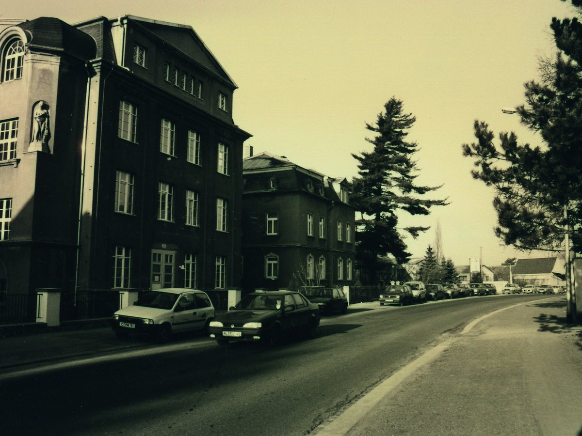 Sepia-getönte Straßenszene mit historischen Gebäuden, parkenden Autos und hohen Bäumen unter hellem Himmel.