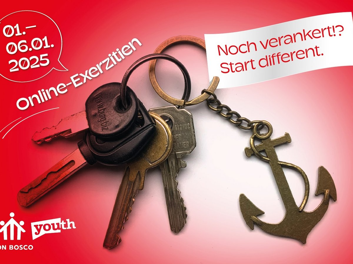 Schlüsselbund mit Anker-Anhänger auf Rot. Text: 'Online-Exerzitien 01.-06.01.2025. Noch verankert!? Start different.' Don Bosco youth Logo.