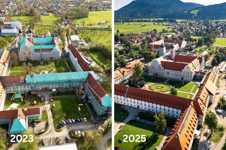 Luftbildvergleich: Historischer Gebäudekomplex 2023 (Renovierung mit Gerüst) vs. 2025 (fertiggestellt, restauriert).