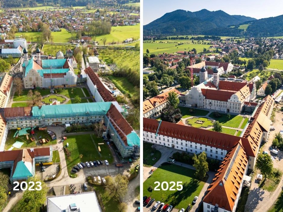 Luftbildvergleich: Historischer Gebäudekomplex 2023 (Renovierung mit Gerüst) vs. 2025 (fertiggestellt, restauriert).
