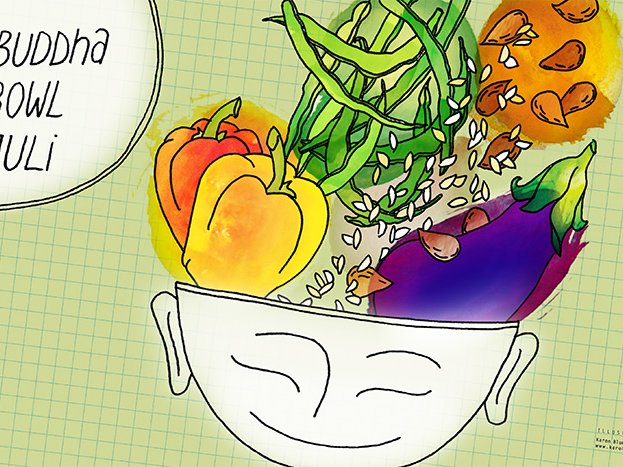 Illustration einer Buddha Bowl mit Paprika, grünen Bohnen, Aubergine und Samen, die aus einer lächelnden Schale quellen. Text: Buddha Bowl Juli.