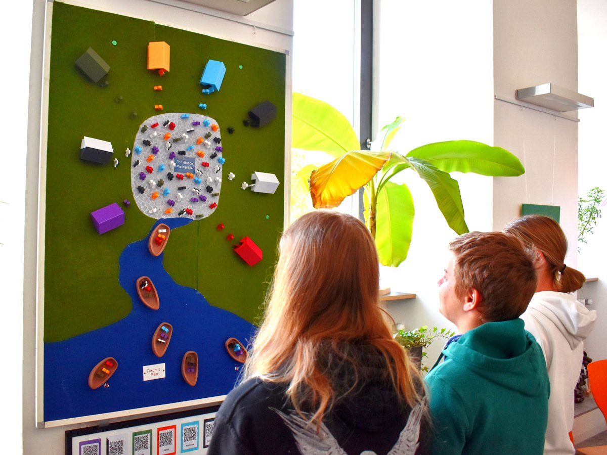 Drei Personen betrachten eine interaktive Tafel mit einem Modell von Häusern, Figuren und Booten auf Fluss/Meer.