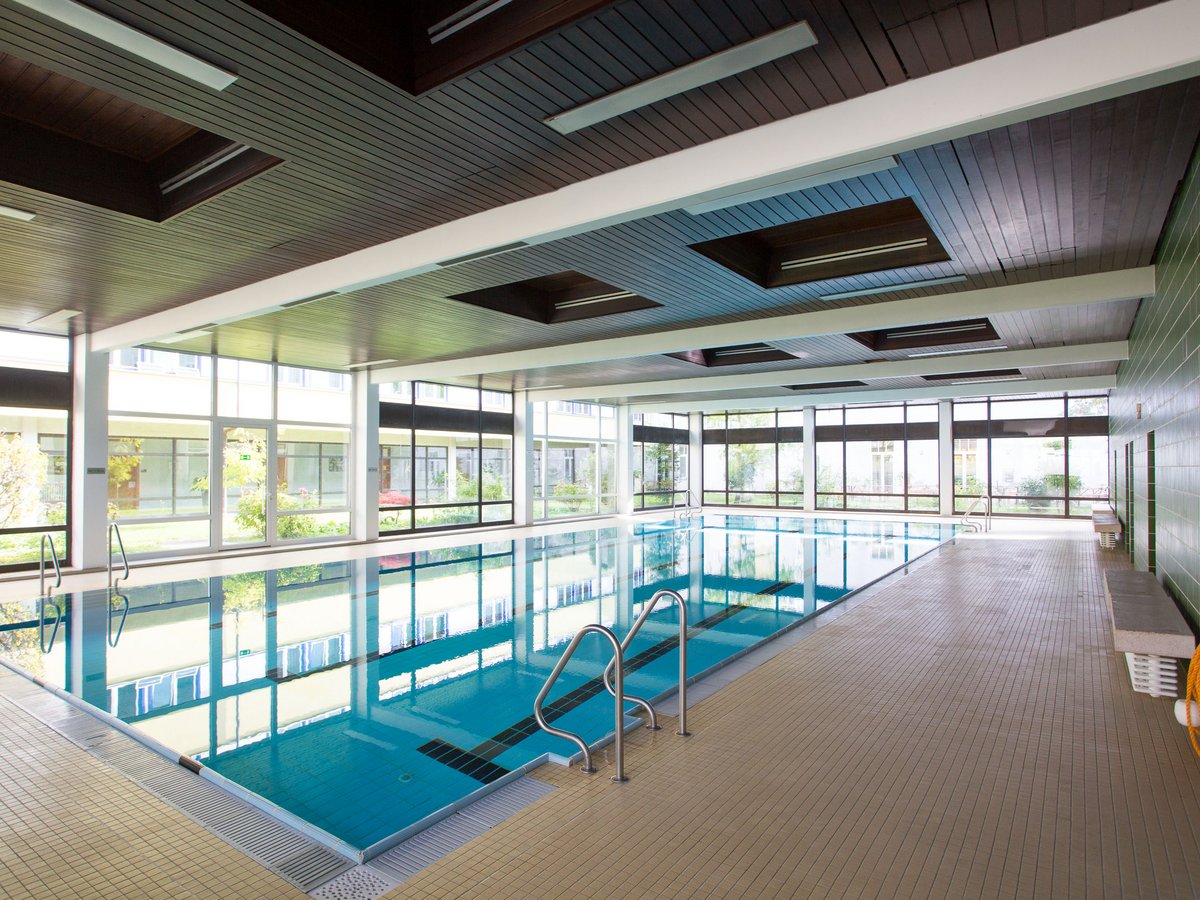 Modernes Hallenbad mit blauem Schwimmbecken, beigen Fliesen, großen Fenstern und einer dunklen Holzdecke.