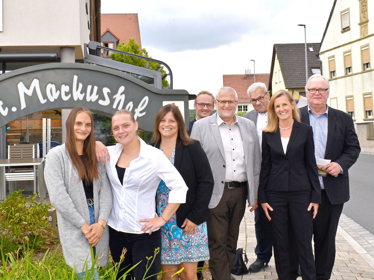 Acht lächelnde Personen, drei Frauen und fünf Männer, stehen vor einem Gebäude mit dem Schild 'St. Markushof'.