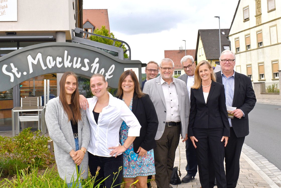 Acht lächelnde Personen, drei Frauen und fünf Männer, stehen vor einem Gebäude mit dem Schild 'St. Markushof'.