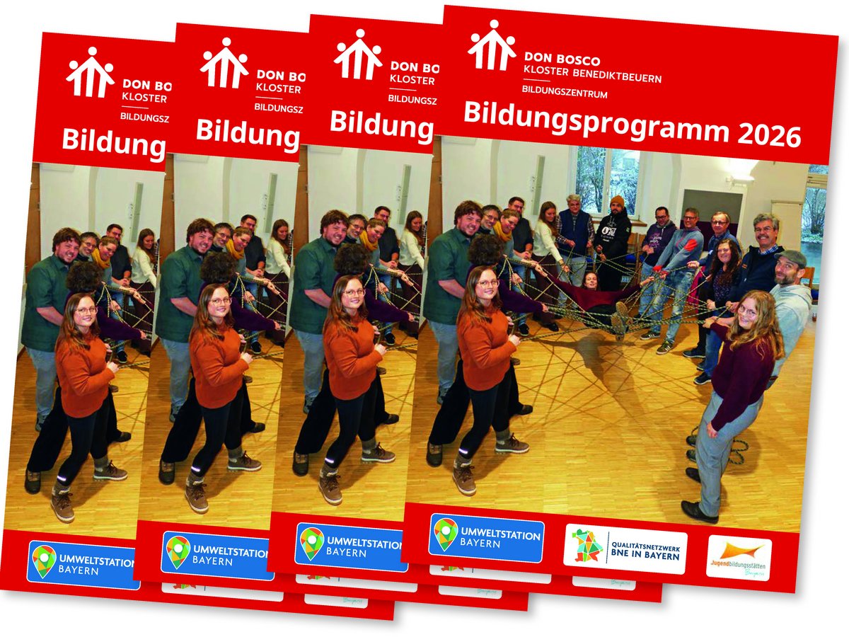 Rote Don Bosco Bildungsprogramm 2026 Broschüren, die eine Gruppe bei einer Teambuilding-Übung zeigen.