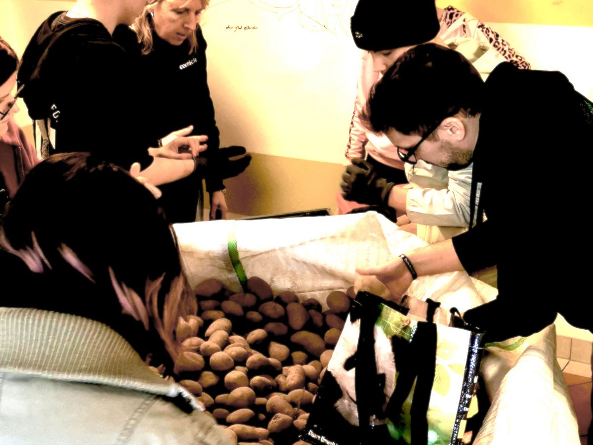 Menschen versammeln sich um einen großen Kartoffelsack, eine Person füllt eine Einkaufstasche, vor Wandskizzen.