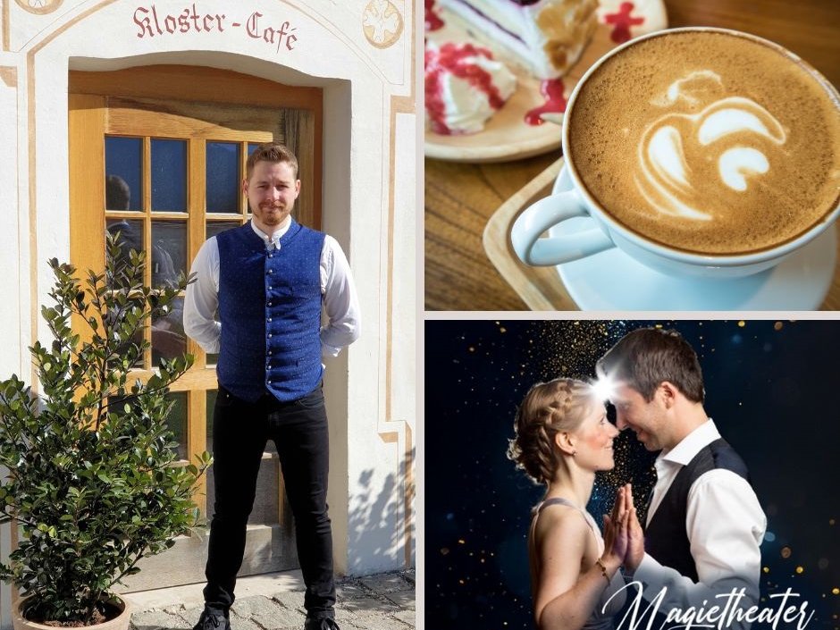 Mann vor Kloster-Café, Kaffee und Kuchen, und Paar mit Magietheater des Herzens Logo.