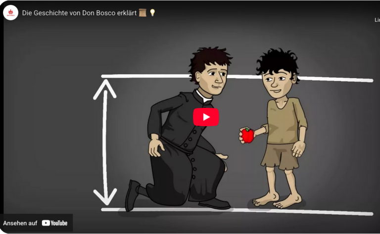 Ein animierter Priester in Soutane kniet lächelnd vor einem barfüßigen Jungen, der einen Apfel hält. YouTube Thumbnail.