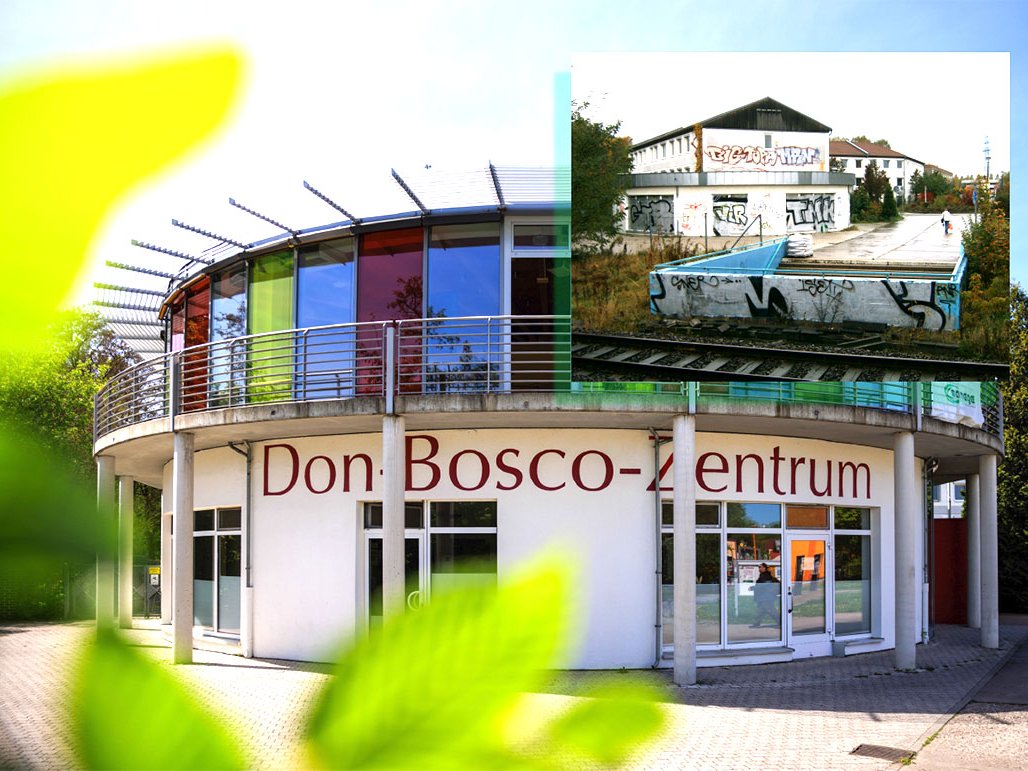 Modernes Don Bosco-Zentrum mit bunten Fenstern und Einschub einer graffiti-bedeckten Industrieanlage mit Gleisen.