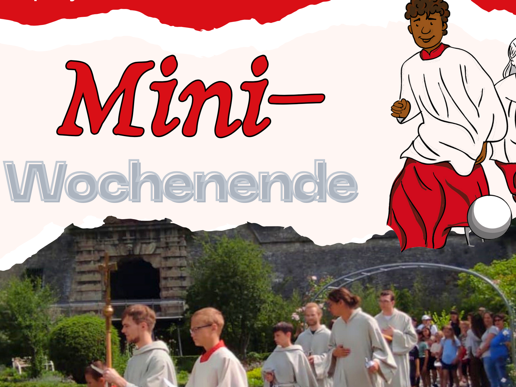 Flyer für Don Bosco Mini-Wochenende 2026 in Würzburg mit Comic- und echten Ministranten in Prozession.