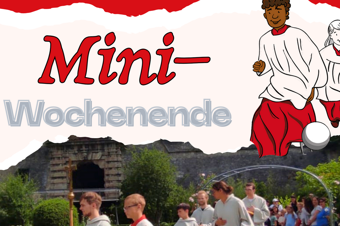 Flyer für Don Bosco Mini-Wochenende 2026 in Würzburg mit Comic- und echten Ministranten in Prozession.