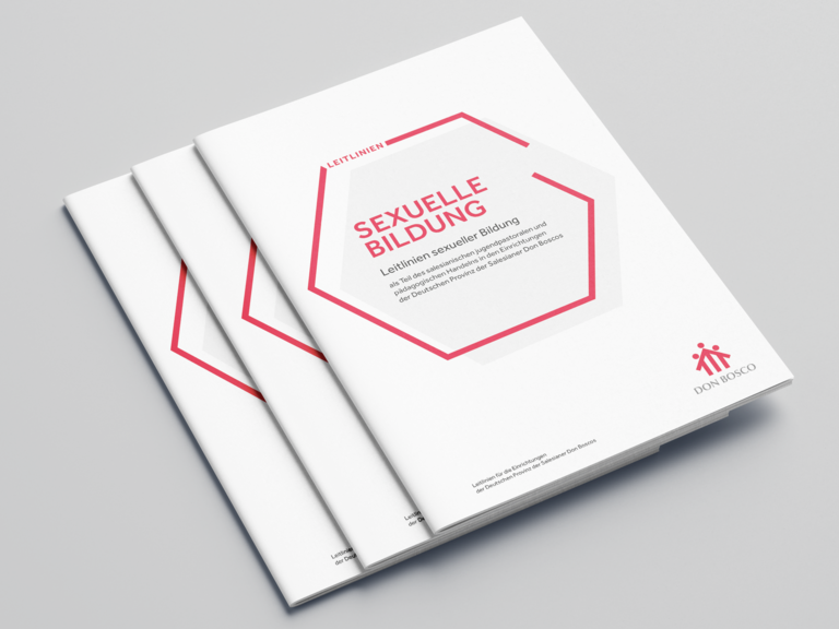 Drei weiße Broschüren mit dem Titel 'Leitlinien Sexuelle Bildung' von Don Bosco, auf hellem grauem Hintergrund gestapelt.