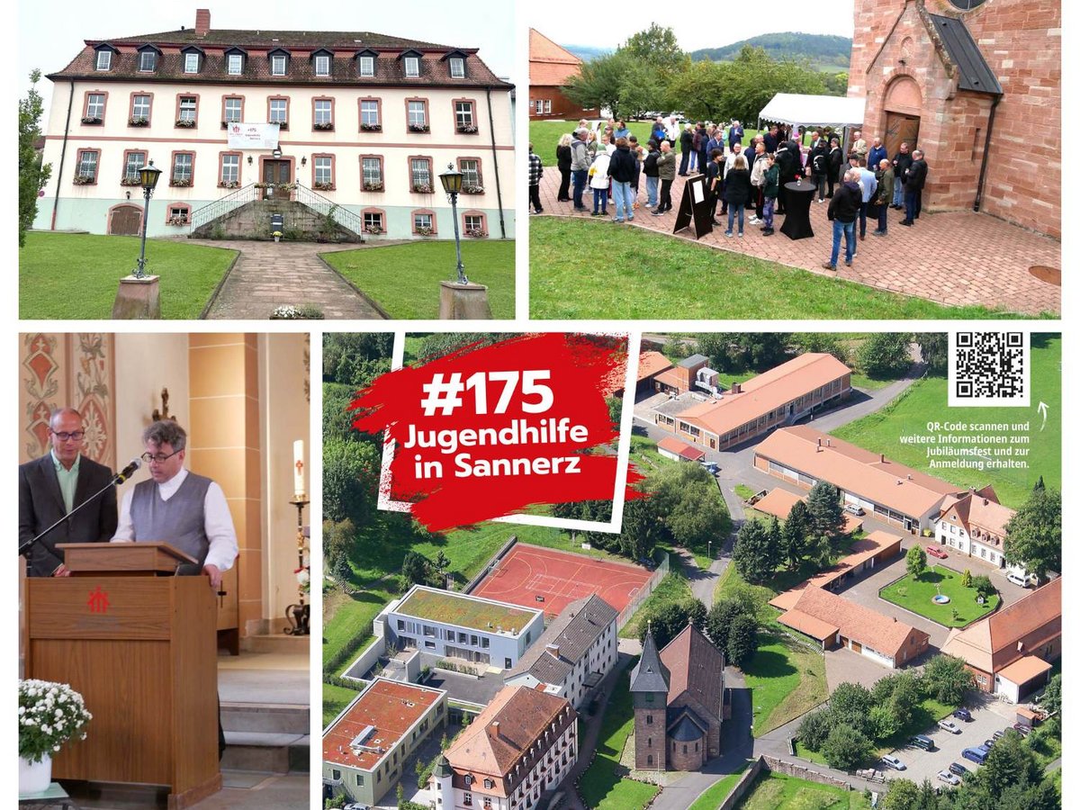 Eine Collage zum 175-jährigen Jubiläum der Jugendhilfe in Sannerz mit Gebäuden, Feiern und Luftaufnahme.