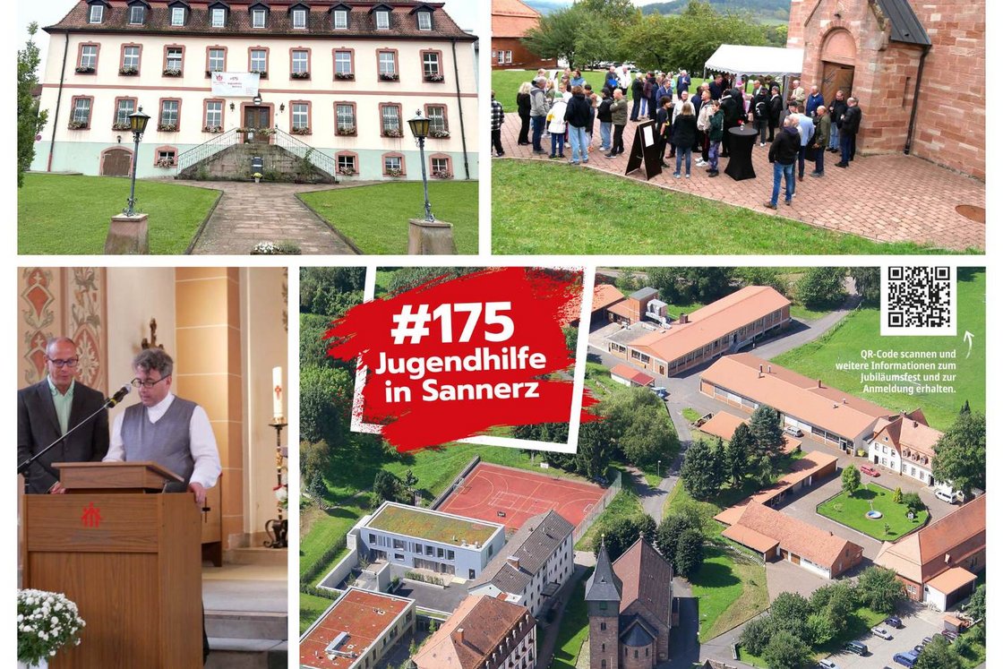 Eine Collage zum 175-jährigen Jubiläum der Jugendhilfe in Sannerz mit Gebäuden, Feiern und Luftaufnahme.