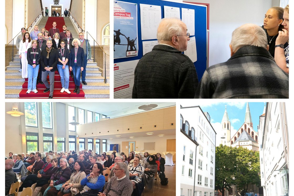 Eine Collage mit Bildern von einer Gruppe auf einer roten Treppe, Leuten, die eine Informationswand betrachten, einer großen Zuhörerschaft bei einer Präsentation und einer Kirche mit Türmen zwischen Gebäuden.