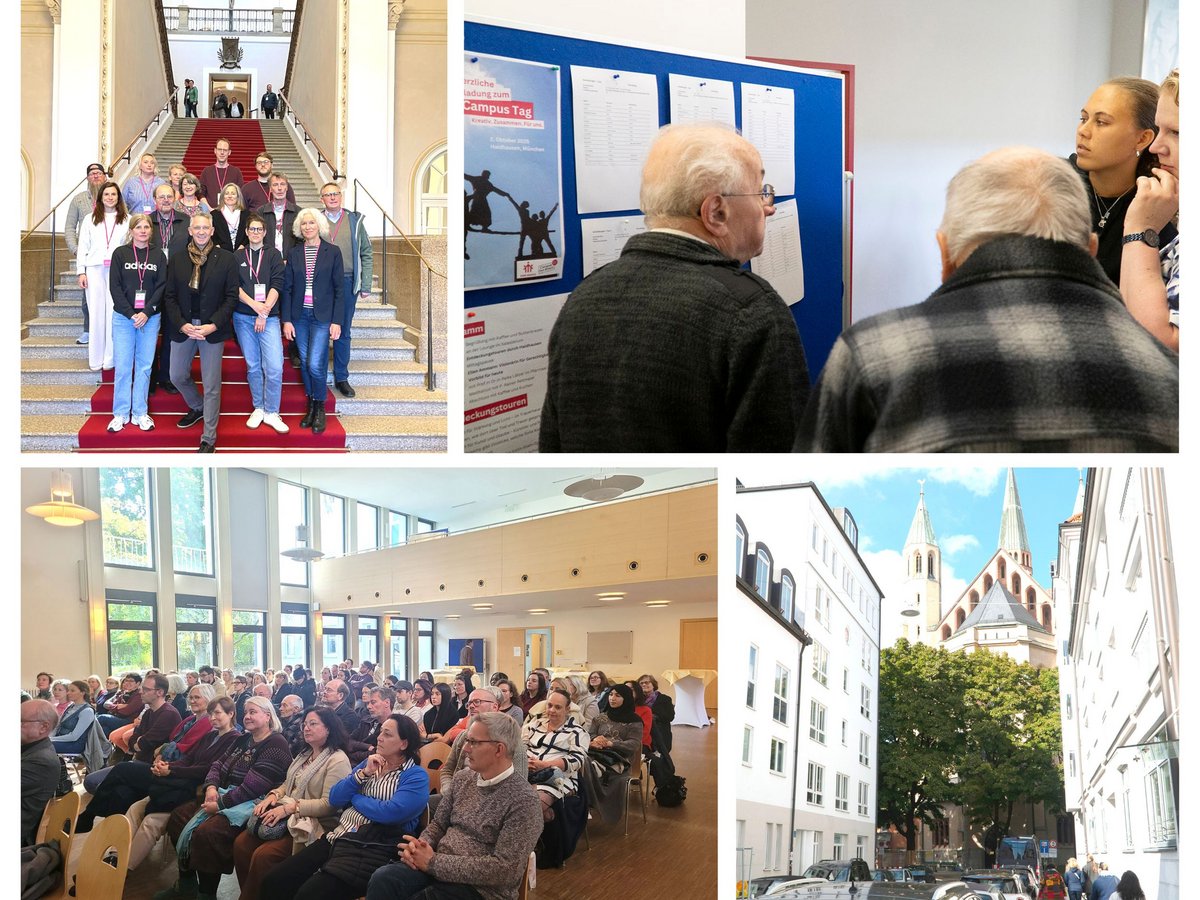 Eine Collage mit Bildern von einer Gruppe auf einer roten Treppe, Leuten, die eine Informationswand betrachten, einer großen Zuhörerschaft bei einer Präsentation und einer Kirche mit Türmen zwischen Gebäuden.