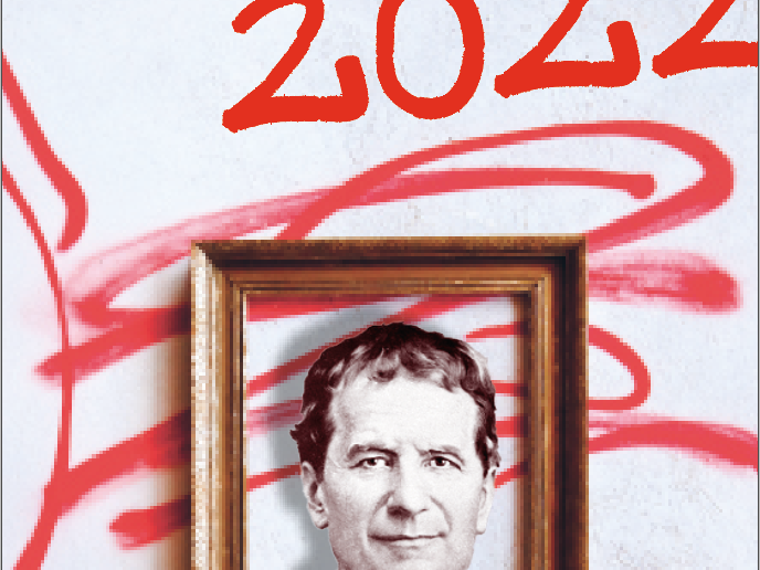 Plakat für das Don Bosco Fest 2022, mit einem gerahmten Porträt von Don Bosco auf einer Wand mit rotem Graffiti.