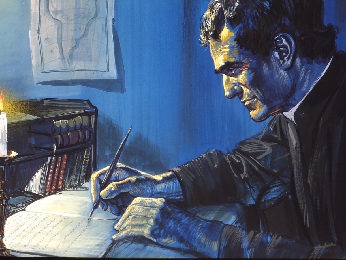 Gemälde eines Mannes, der bei Kerzenlicht mit einer Feder schreibt. Bücher auf dem Tisch, eine Karte an der Wand. Blautöne.