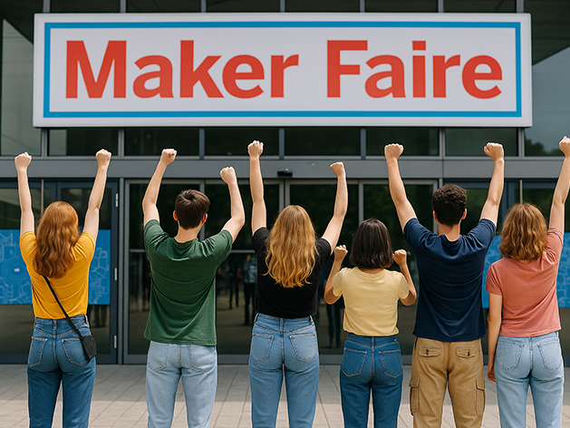 Sechs junge Leute von hinten, die vor einem Gebäude mit einem 'Maker Faire'-Schild die Fäuste erheben.
