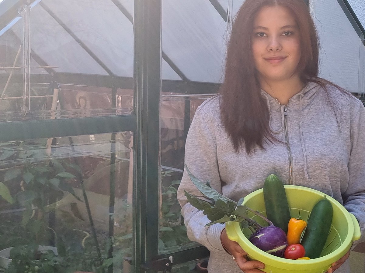 Junge Frau steht lächelnd vor einem Gewächshaus und hält eine Schale mit frischen Gurken, Kohlrabi, Paprika und Tomaten.
