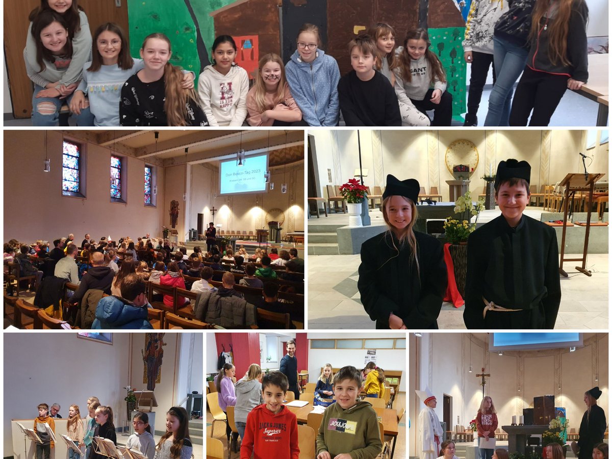 Collage vom Don Bosco-Tag 2023 mit Schülern der Klassen 5A, 5B und 5C bei vielfältigen Aktivitäten in Kirche und Schule.