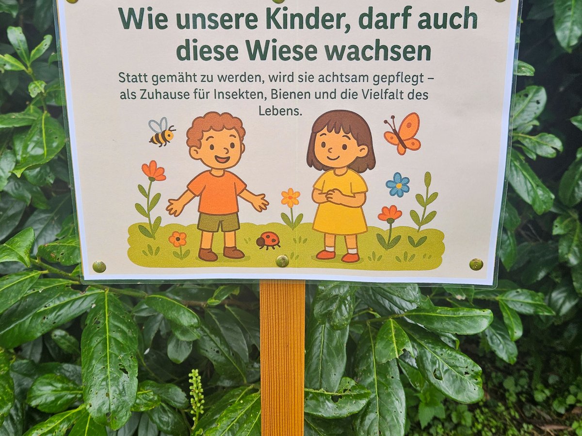 Schild in einem Garten, "Wie unsere Kinder, darf auch diese Wiese wachsen" mit Illustration von Kindern, Insekten und Blumen.