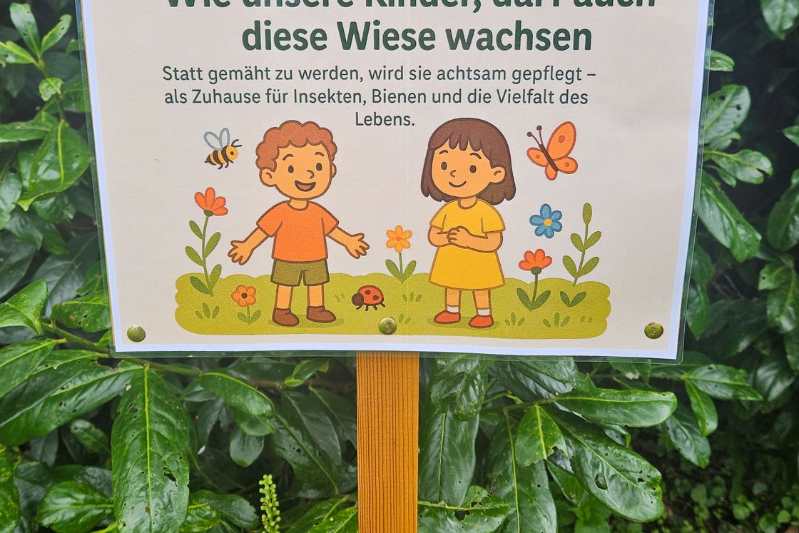Schild in einem Garten, "Wie unsere Kinder, darf auch diese Wiese wachsen" mit Illustration von Kindern, Insekten und Blumen.