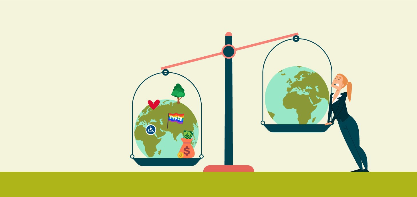 Frau versucht angestrengt, eine Waage zu balancieren: Eine Weltkugel mit Friedens-, Natur- und Geldsymbolen ist schwerer.