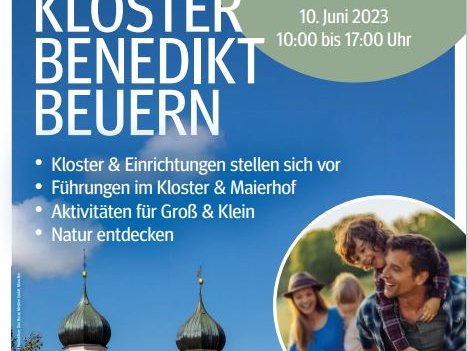 Poster für den Tag des Offenen Klosters Benediktbeuern am 10. Juni 2023, mit Klostergebäuden und einer Familie. Angebote: Führungen, Kinderbetreuung.