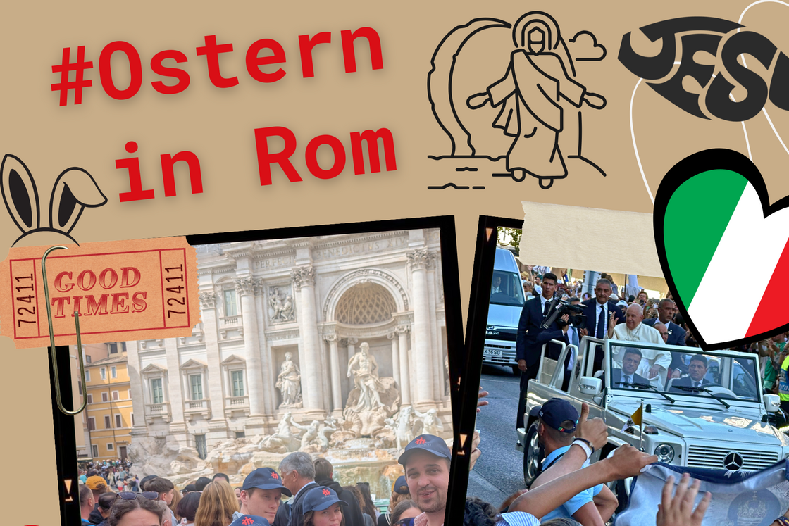 Collage über eine Don Bosco Osterreise 2026 nach Rom mit Trevi-Brunnen, Papst Franziskus und thematischen Grafiken.
