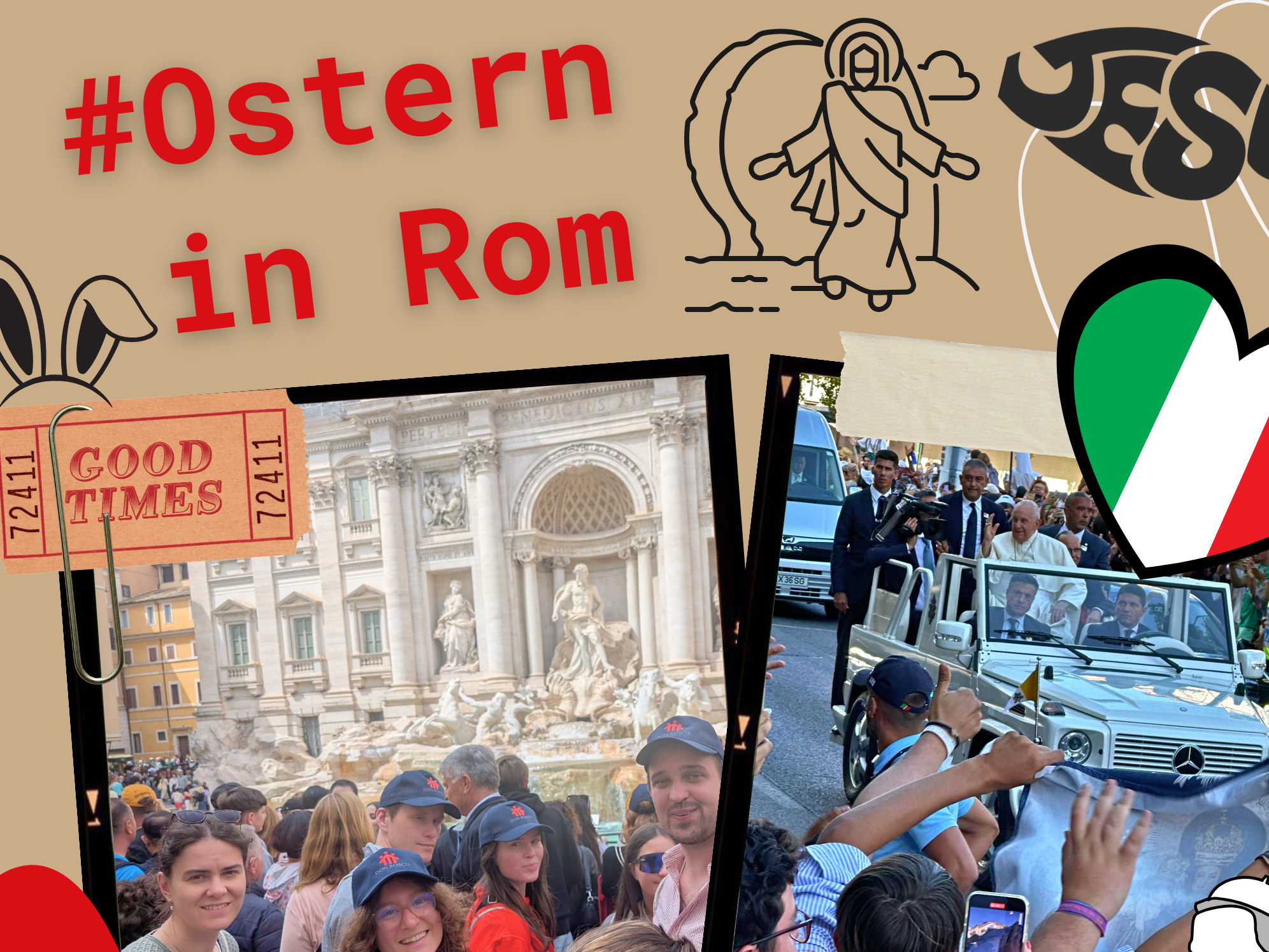 Collage über eine Don Bosco Osterreise 2026 nach Rom mit Trevi-Brunnen, Papst Franziskus und thematischen Grafiken.