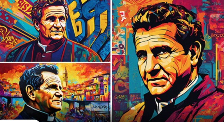 Künstlerische, farbenfrohe Pop-Art-Porträts des Heiligen Don Bosco und ein Profilbild auf der Facebook-Seite Don Bosco Deutschland SDB.