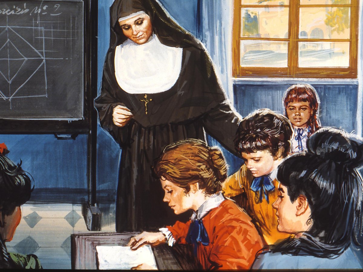 Gemälde einer Nonne, die Schulmädchen in einem Klassenzimmer unterrichtet. Eine Tafel zeigt Geometrieübungen.