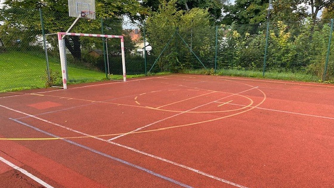 Teil eines Sportplatzes mit Tor und Basketballkorb, dahinter Bäume und Büsche