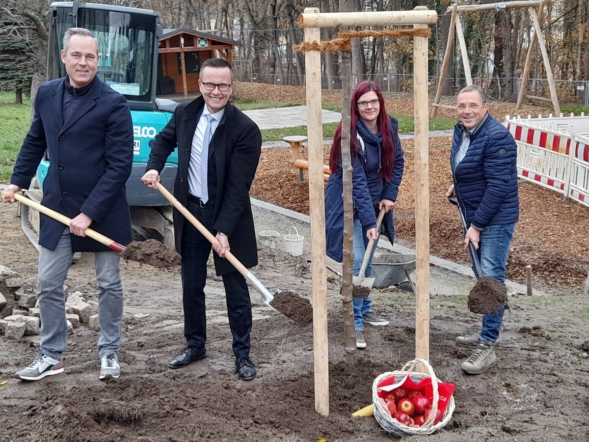 Drei Männer und eine Frau pflanzen einen Baum mit Schaufeln. Ein Korb mit Äpfeln steht neben dem Setzling auf der Erde.