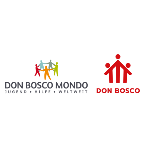 Logos von Don Bosco Mondo (bunte Figuren im Kreis, Text Jugend • Hilfe • Weltweit) und Don Bosco (drei rote, stilisierte Figuren).