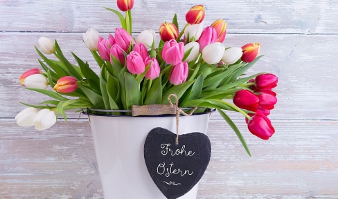 Tulpenstrauß im Eimer mit Herz, auf dem Frohe Ostern steht 